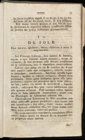 §. De Sole. Ejus natura, effectibus, motu, distantia a terra & magnitudine.