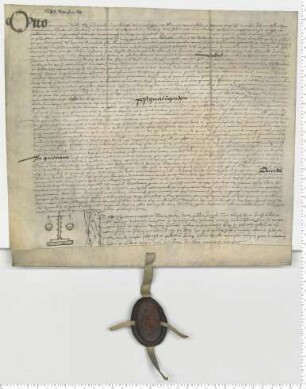 Otto Hermanni, Kommissar des Propstes Joh. Knutzen von St. Johannis, transsumiert eine Präsentation vom 7. des Monats und besetzt eine Kommende am Barbare Altar der Lambertikapelle. Notar Theod. Wegener [lat].