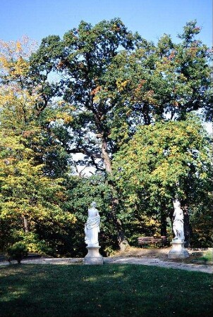Schlosspark im Herbst, im Vordergrund zwei Statuen