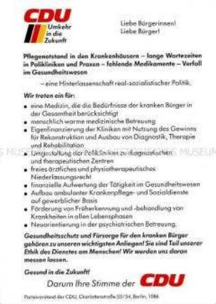 Wahlflugblatt des CDU-Parteivorstandes Berlin mit dem Schwerpunktthema und Gesundheitswesen
