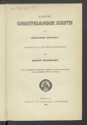 Abt. 1: Kleinere sanskritphilologische Schriften