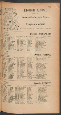 Hipódromo Nacional - Reunión del Domingo 23 de Febrero [de 1908] - Programa oficial