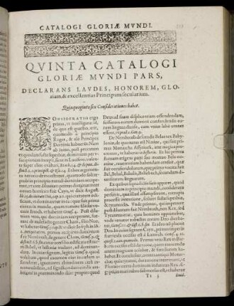 Quinta Catalogi Gloriae Mundi, Pars, Declarans Laudes, Honorem, Gloriam, & excellentis Principium secularium. Quinquagintasex Consideratines habet.