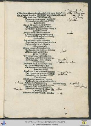 Ad Georgium morinum virum consularem in regia urbe Craconie in laudes eloquencie et iucunditatem vite conradi celtis carmen mit handschriftlichen Eintragungen