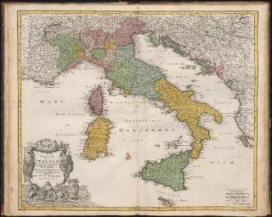 Statuum totius Italiae novissima repræsentatio geographica : simul exhibens insulas Siciliae, Sardiniae, Corsicae et Maltae ; Cum Privil. Cæs.