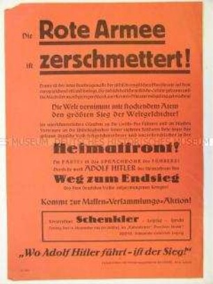 Flugblatt mit der Verkündung des "Sieges" über die Sowjetunion und Aufruf zu einer Massenversammlung
