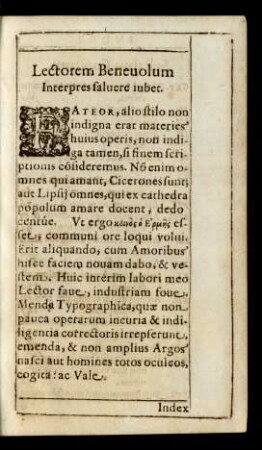 Lectorem Benevolum Interpres faluere iubet.