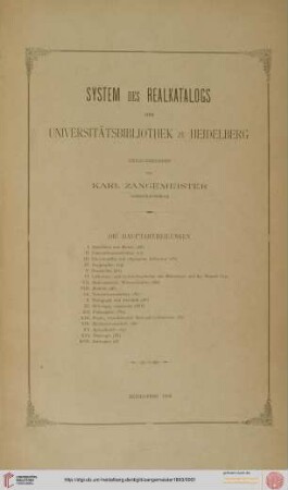 System des Real-Katalogs der Universitätsbibliothek zu Heidelberg