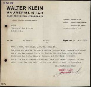 Firmenbriefkopf Klein, Walter, Maurermeister, Bauunternehmen – Steinbrüche