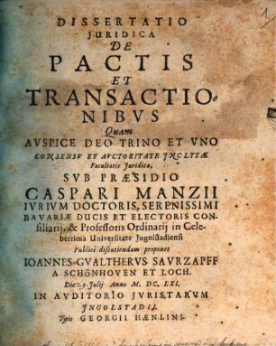 Dissertatio Iuridica De Pactis Et Transactionibus