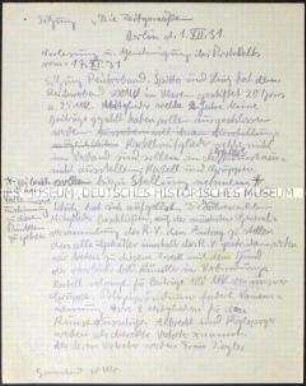Handschriftliches Protokoll einer Mitgliederversammlung der Künstlervereinigung "Die Zeitgemäßen" (Die Abstrakten) - Sachkonvolut