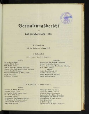Verwaltungsbericht für das Geschäftsjahr 1914.