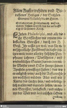 Allen Ausserwehlten und Beruffenen Heiligen, der Sechsten Gemeine Philadelphia im Herrn