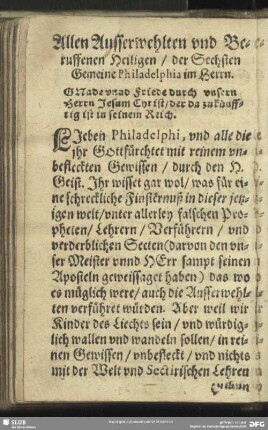 Allen Ausserwehlten und Beruffenen Heiligen, der Sechsten Gemeine Philadelphia im Herrn