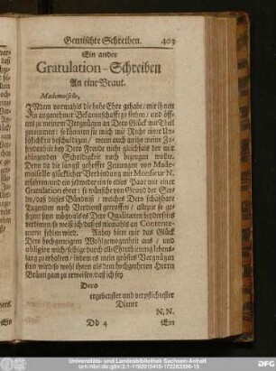 Ein ander Gratulation-Schreiben An eine Braut.