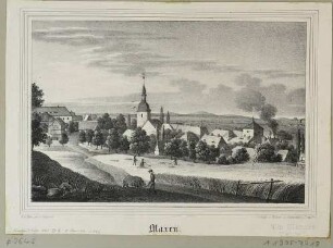 Ortsansicht von Maxen (Müglitztal) von Südwesten mit der Kirche und dem Schlossturm (rechts), aus Sachsens Kirchen-Galerie von Hermann Schmidt, 2. Ansicht
