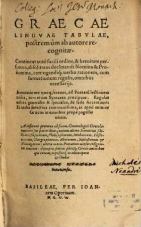 Graecae Lingvae Tabvlae : Continent aute[m] facili ordine, & breuitate perspicua, absolutam declinandi Nomina & Pronomina, coniugandiq[ue] uerba rationem, cum formationum regulis, omnibus necessarijs ...