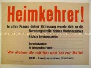 Blanko-Maueranschlag der SED Sachsen für Verzeichnis von Beratungsstellen für Kriegsheimkehrer