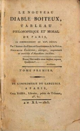 Le nouveau diable boiteux : tableau philosophique et moral de Paris, au commencement du XIXe siècle. 1