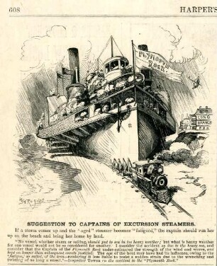 Suggestion to Captains of excursion steamers. [Anschließend folgt ein Textblock] : ein Schiff wird von einer Lokomotive über Land gezogen