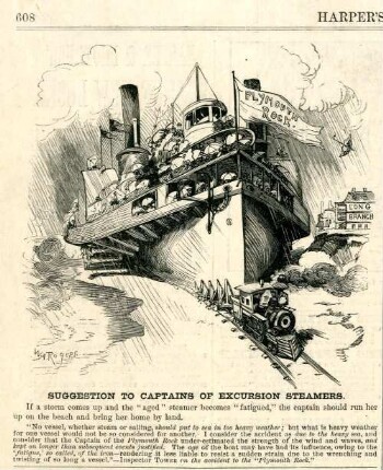 Suggestion to Captains of excursion steamers. [Anschließend folgt ein Textblock] : ein Schiff wird von einer Lokomotive über Land gezogen