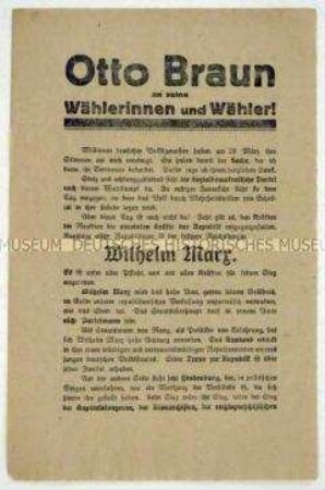 Propagandaflugblatt mit einem Aufruf von Otto Braun, beim 2. Wahlgang der Reichspräsidentenwahl 1925 Wilhelm Marx zu wählen