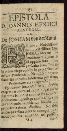 Epistola D. Joannis Henrici Alstedii, Ad Dn. Josuam von der Tann.