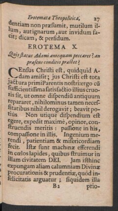 Erotema X. Quis status Adami antequam peccaret? an praesens conditio praestet?