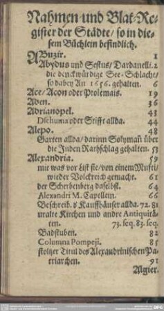 Nahmen- und Blat-Register der Städte, so in diesem Büchlein befindlich