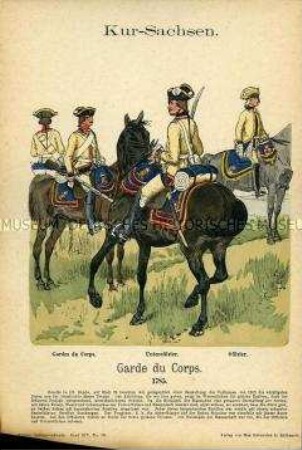 Uniformdarstellung, Gardisten, Unteroffizier und Offizier der Garde du Corps, Kurfürstentum Sachsen, 1785.