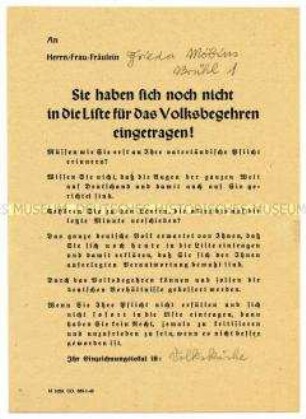Persönlicher Aufruf zur Einzeichnung in die Listen des Volksbegehrens für Einheit und gerechten Frieden