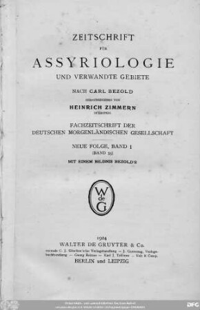 Bd. 35 (1924): Zeitschrift für Assyriologie und verwandte Gebiete : Fachzeitschrift der Deutschen Morgenländischen Gesellschaft