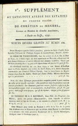 Suppl. 1: 1er. Supplément Au Catalogue Abrégé Des Estampes Du Propre Fonds De Chrétien De Mechel, Graveur et Membre de diverses Académies.