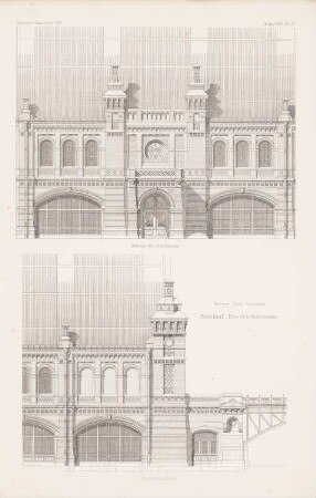 Bahnhof Friedrichstraße, Berlin: Details Südfassade (aus: Atlas zur Zeitschrift für Bauwesen, hrsg. v. F. Endell, Jg. 35, 1885)