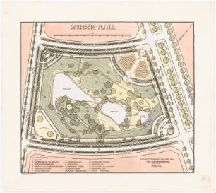 Sachsenplatz, Berlin-Charlottenburg Ausführung: Plan der Anlage im Grundriss mit Höhenlinien 1:500, Maßstabsleiste, Bezeichnung einzelner Teile, Legende