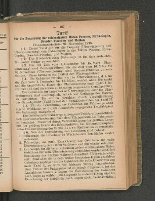 Tarif für die Benutzung der reichseigenen Häfen, Prossen, Pirna-Copitz, Dresden-Pieschen und Meißen Finanzministerium, 21. November 1933.