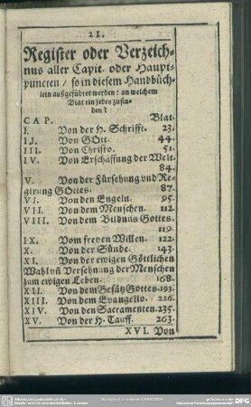 Register oder Verzeichnus aller Capit. oder Hauptpuncten, so in diesem Handbüchlein außgeführet werden: an welchem Blat ein jedes zufinden?