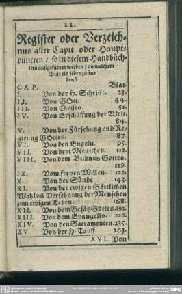 Register oder Verzeichnus aller Capit. oder Hauptpuncten, so in diesem Handbüchlein außgeführet werden: an welchem Blat ein jedes zufinden?