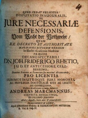 Disp. inaug. de iure necessariae defensionis vom Recht der Nothwehr