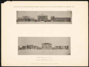 Wettbewerb Museumsinsel, Berlin: Projekt XXII, Ansicht von der Spree, Längsschnitt (aus: Concurrenzentwürfe wegen Bebauung d. Museumsinsel zu Berlin. Auswahl d. preisgekrönten u. besten Entwürfe, Berlin 1884)