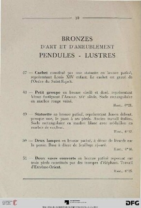 Bronzes d’art et d’ameublement Pendules – Lustres (Nr. 47-59)