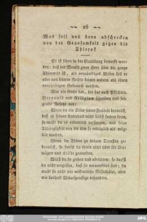 Was soll uns denn abschrecken von der Grausamkeit gegen die Thiere?