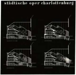 Deutsche Oper, Berlin-Charlottenburg: Längsschnitt und Schnitte mit Lüftungsführung, Raumbeleuchtung und Bühnenbeleuchtung 1:200