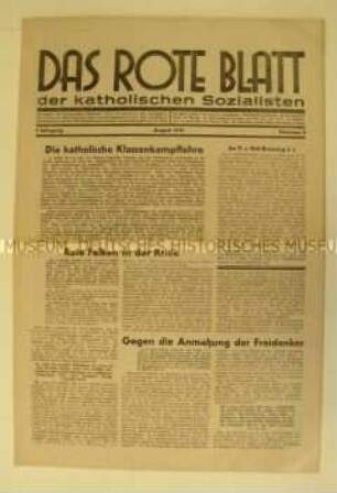 Religiös-sozialistische Monatszeitung "Das rote Blatt der katholischen Sozialisten" u.a. zum Klassenkampf