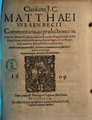 Commentaria ac praelectiones in tertium librum codicis