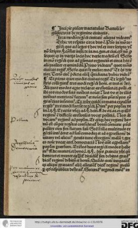Incipit pulcer tractatulus Bartoli legum doctoris de regimine civitatis.