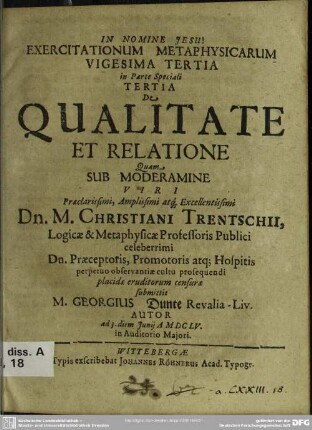 Exercitationum metaphysicarum vigesima tertia ... de qualitate et relatione