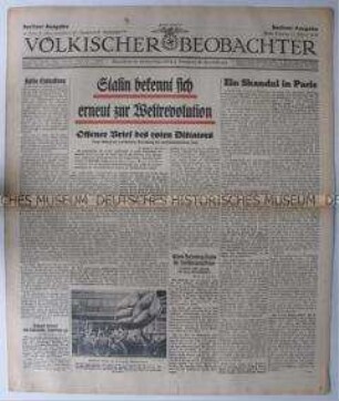 Tageszeitung "Völkischer Beobachter" u.a. zu einem Bekenntnis Stalins zur Weltrevolution