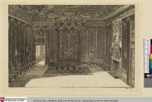 [Nouveau livre d'appartements; Innenraumansicht mit einem Bett, Stühlen und Kamin]