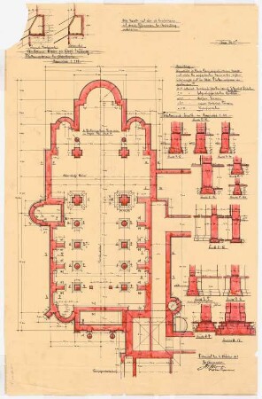 Benediktinerabtei St. Mauritius, Clerf (Clervaux): Grundriss und Schnitte des Fundamentes der Abteikirche 1:50